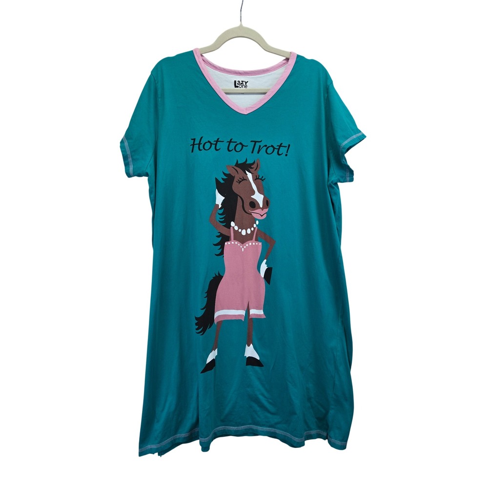Lazy One Hot to Trot Horse Nightshirt Teal Green Cotton V-Neck Sleep Dress L/XL